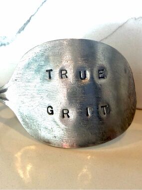 Stamped Metal Spoon Bracelet- TRUE GRIT - Silver Tone